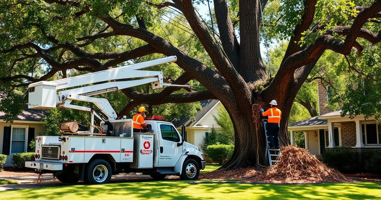 Athens Elite tree service crew with bucket truck and chipper on a residential job in Athens, GA