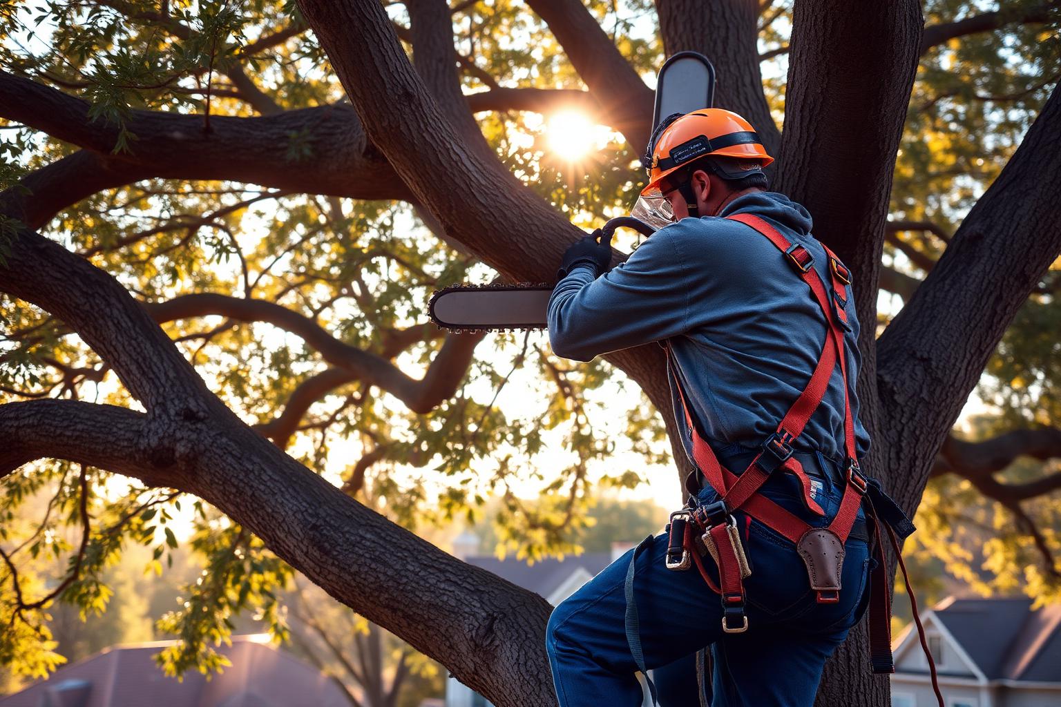 ISA certified arborist pruning a large Southern live oak in an Athens, GA neighborhood